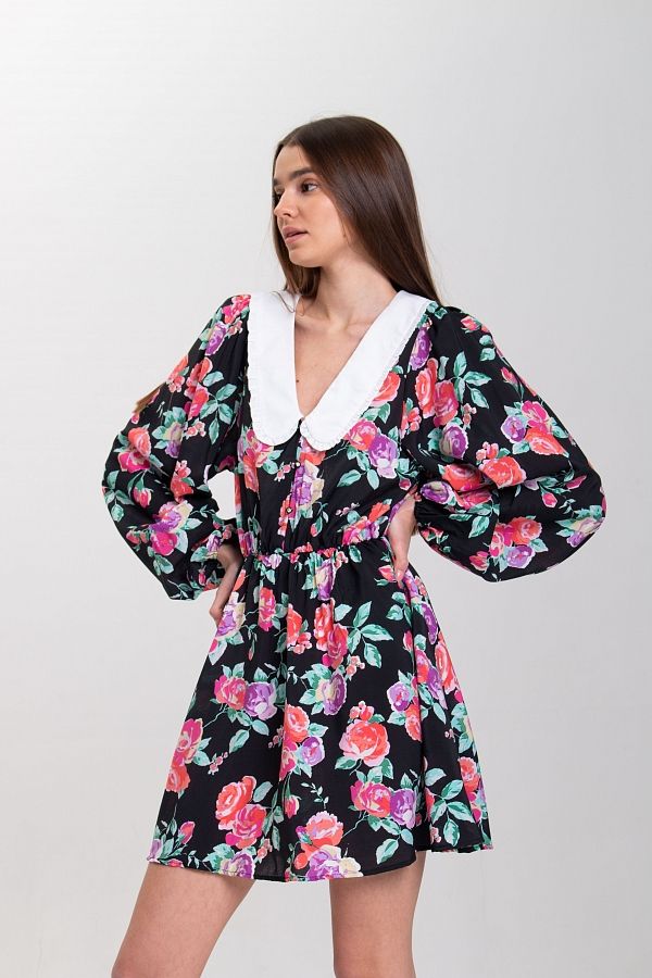 Сукня міні з білим коміром чорна в рожеві квіти D0423/1 № 3