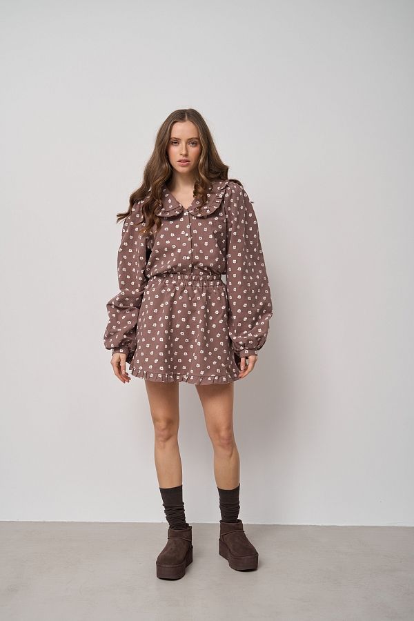 Костюм з бавовни сорочка та спідниця шоколадний МБКТ002 #RU# Костюм из хлопка рубашка и юбка шоколадный МБКТ002 № 1