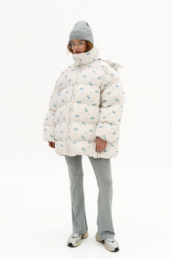 Пуховик зимовий подовжений сметанковий в квіти KZR25POD/3 #RU# Пуховик зимний удлиненный сливочный в цветы KZR25POD/3 № 1