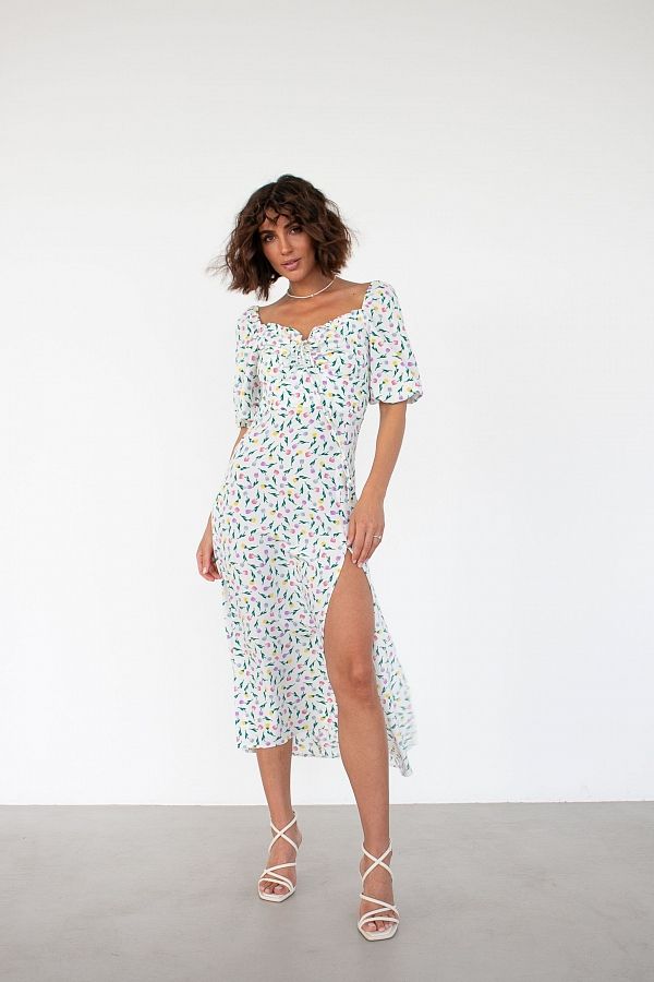 Сукня міді з роспіркою короткий рукав молочна в різнокольорові квіти D0521КР/7 № 1