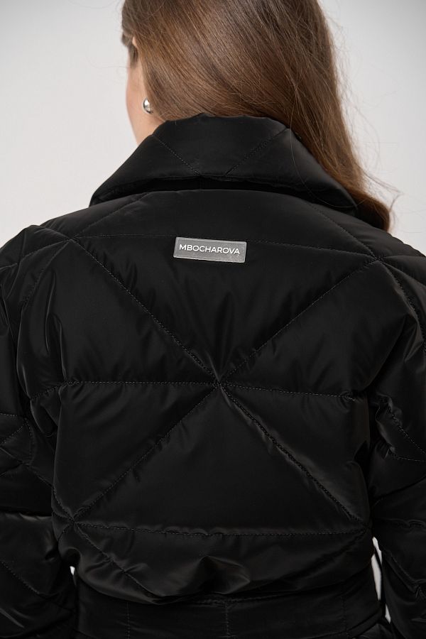 Куртка стьобана довга з поясом візерунок трикутник чорна МБПЩ001/5 #RU# Куртка стеганная длинная с поясом узор треугольник черный МБПЩ001/5 № 4