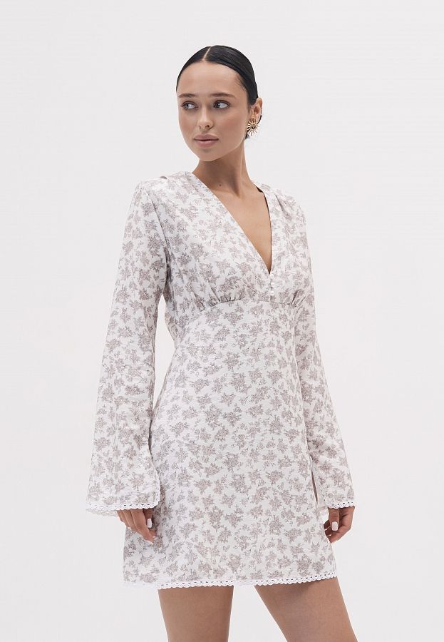 Сукня міні гудзики/мереживо довгий рукав молочна в рожеві троядни DRDOV/10 № 4