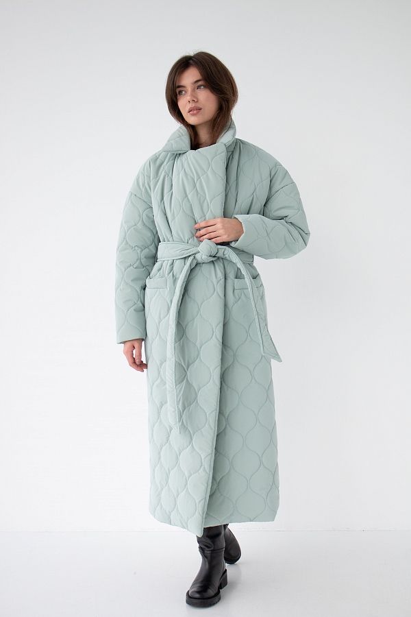 Куртка стьобана довга з поясом візерунок хвилька м'ятна МБПЩ001/10 #RU# Куртка стеганая длинная с поясом узор волна мятная МБПЩ001/10 № 1