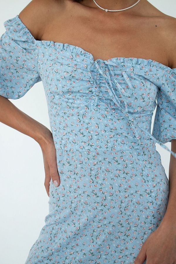 Сукня міді з роспіркою короткий рукав блакитна в білі квіти D0521КР/3 № 5