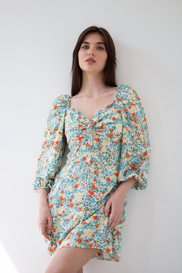 Сукня міні з роспіркою блакитна в жовті квіти D0321/10 № 1