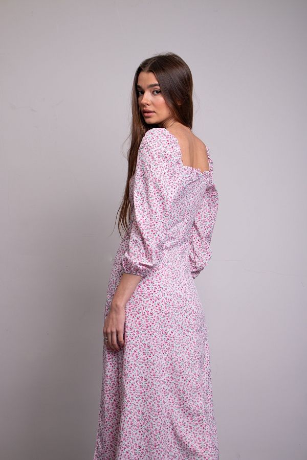 Сукня міді з роспіркою довгий рукав молочна в рожеву квітку D0521ДР/5 № 1