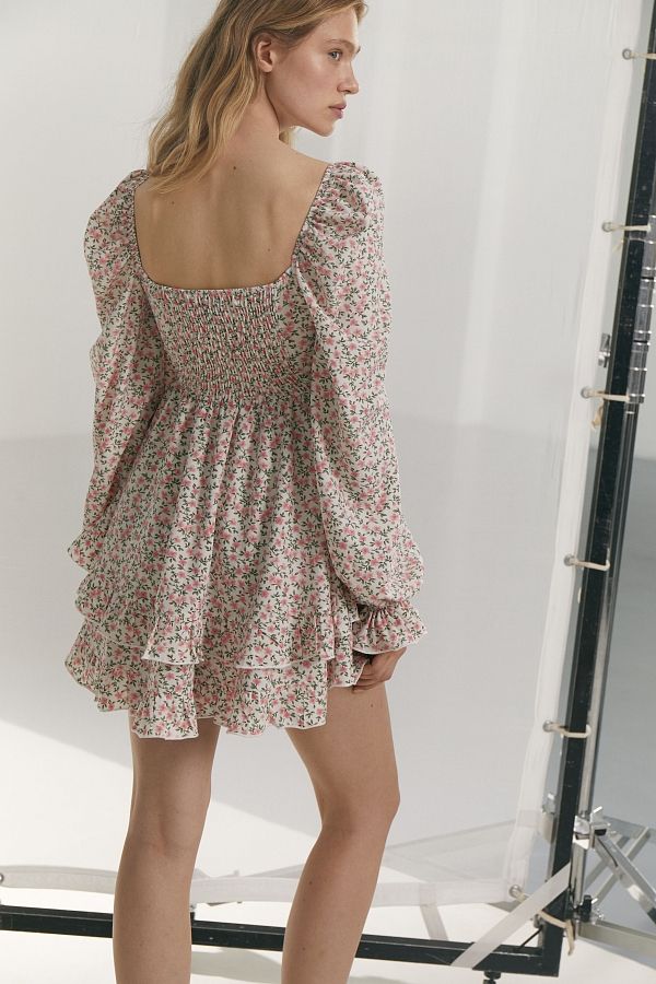 Сукня з софту подвійна спідниця молочна в зелені гілочки 0923 № 4