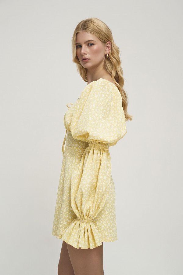 Сукня з пишними рукавами жовта в білі квіти Д0121/26 № 3