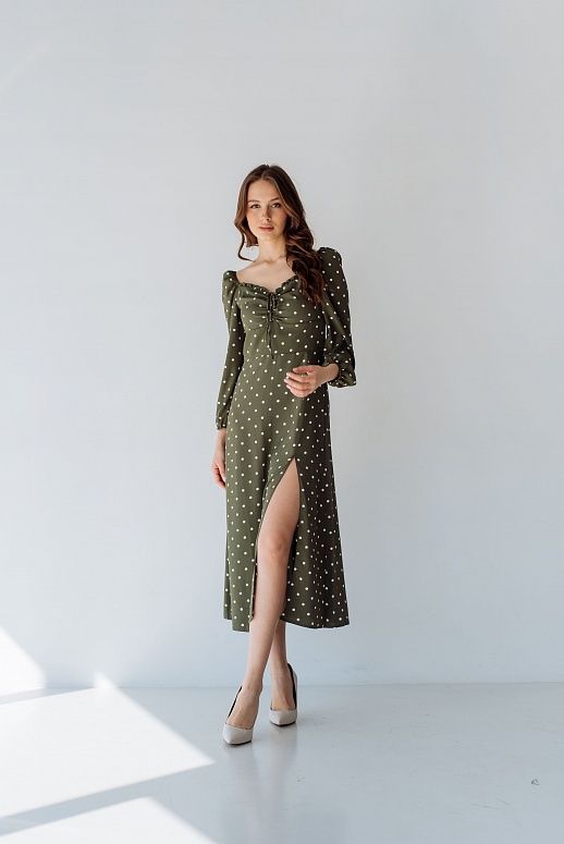 Сукня міді з роспіркою довгий рукав хакі в горох