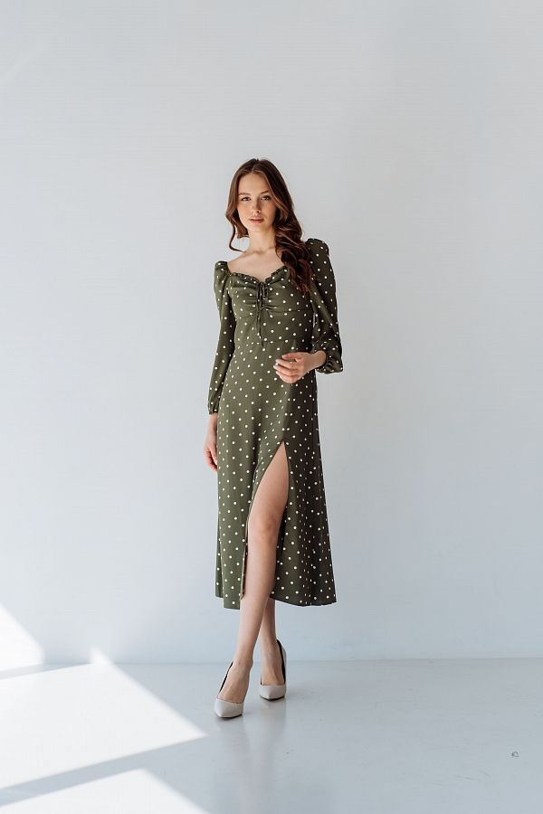 Сукня міді з роспіркою довгий рукав хакі в горох D0521ДР/12 № 1