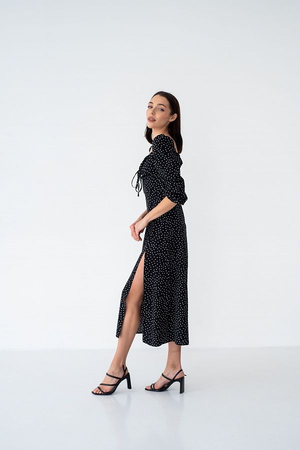 Сукня міді з роспіркою довгий рукав чорна в середній горох D0521ДР/1 № 3