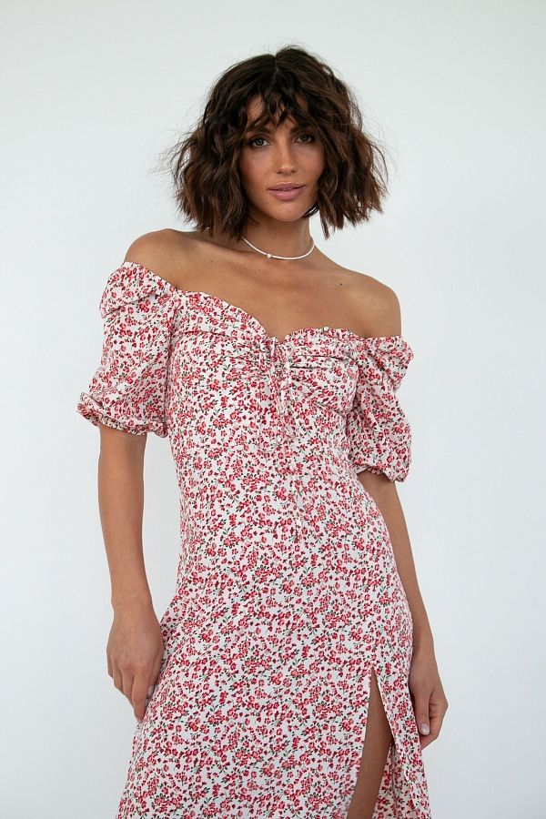 Сукня міді з роспіркою короткий рукав молочна в червоні квіти D0521КР/8 № 1