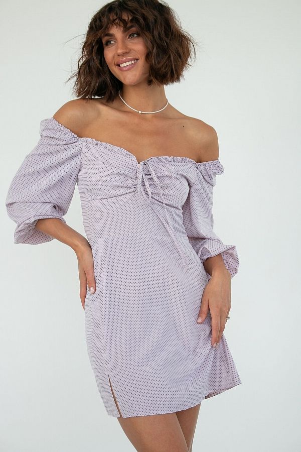 Сукня міні з роспіркою сіро-біла в горох D0321/22 № 2