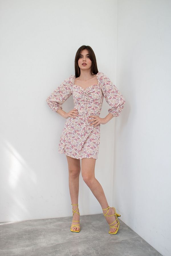 Сукня міні з роспіркою молочна в бордові гілочки D0321/9 № 1