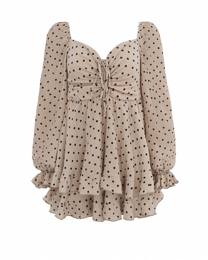 Сукня міні муслінова з рюшами бежева в чорний горох D0923 № 4