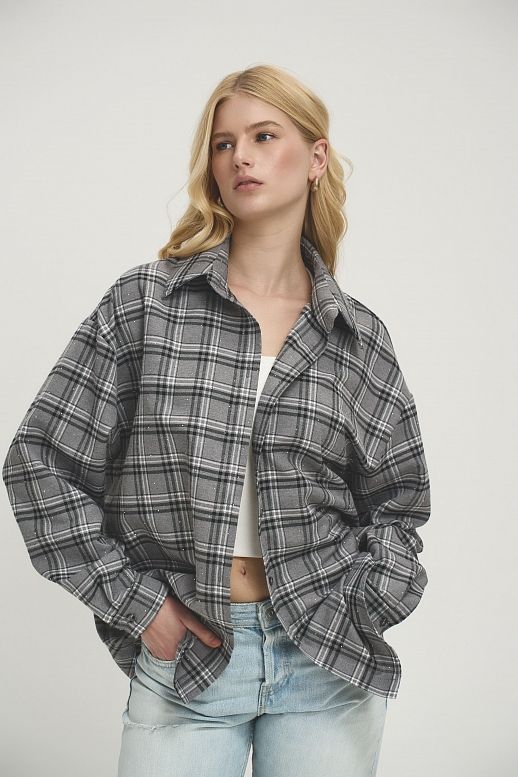 Сорочка в клітинку з камінням сіра