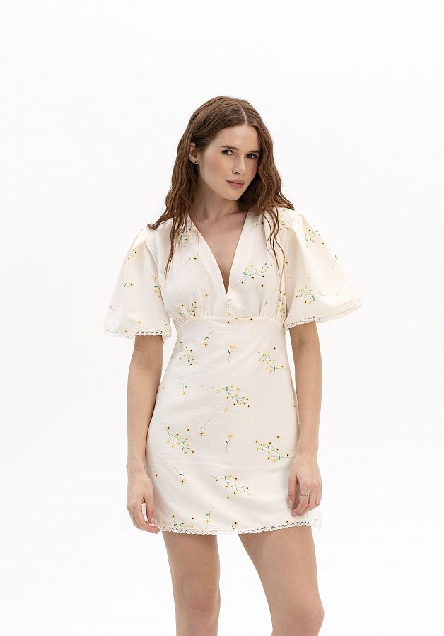 Сукня міні з гудзиками та мереживом в жовті квіти DRKOR/01 № 1