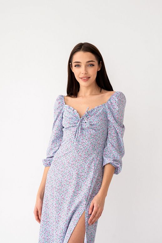 Сукня міді з роспіркою короткий рукав блакитна в рожеву квітку - №2