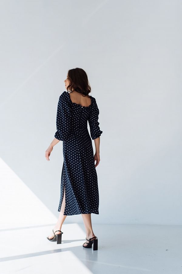Сукня міді з роспіркою довгий рукав темно-синій в білий горох D0521ДР/11 № 3