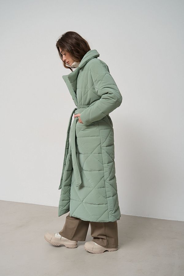 Куртка стьобана довга з поясом візерунок трикутник м'ятна МБПЩ001/8 #RU# Куртка стеганная длинная с поясом узор треугольник мятный МБПЩ001/8 № 3