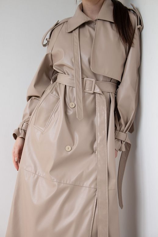 Тренч з екошкіри на тканинній основі з патами кавовий - №2