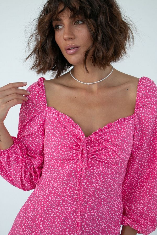 Сукня міні з роспіркою рожева мілкий білий візерунок D0321/12 № 4