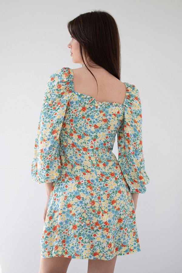 Сукня міні з роспіркою блакитна в жовті квіти D0321/10 № 3