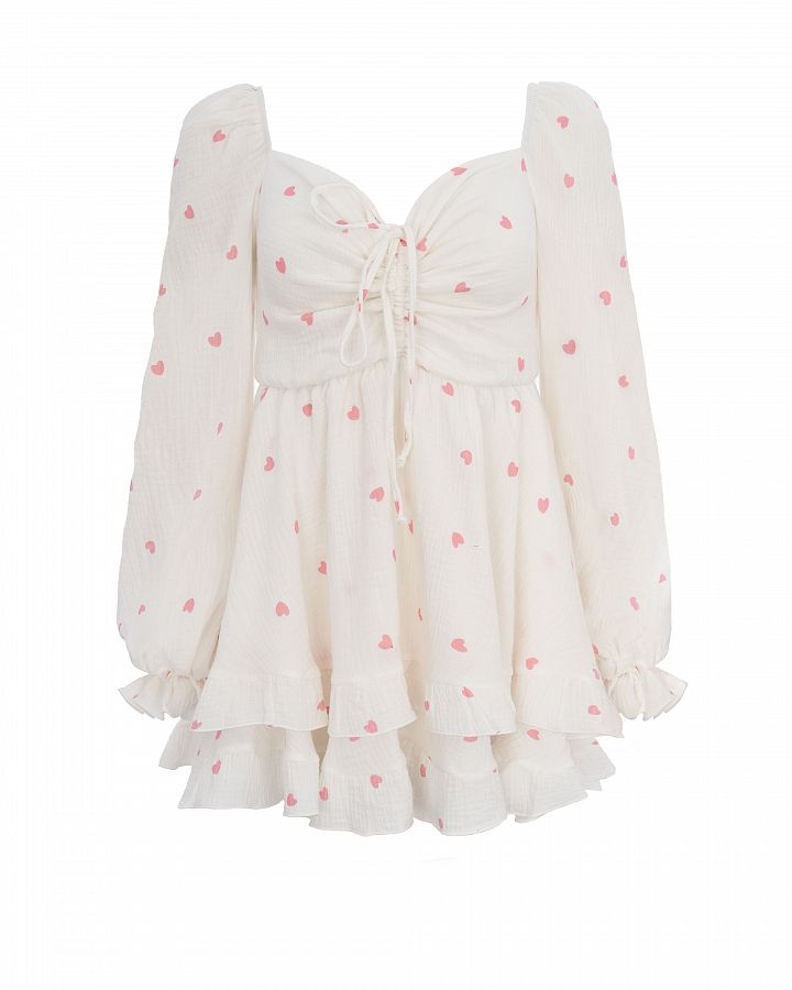 Cукня міні муслінова з рюшами біла в рожеві серця D0923 № 1