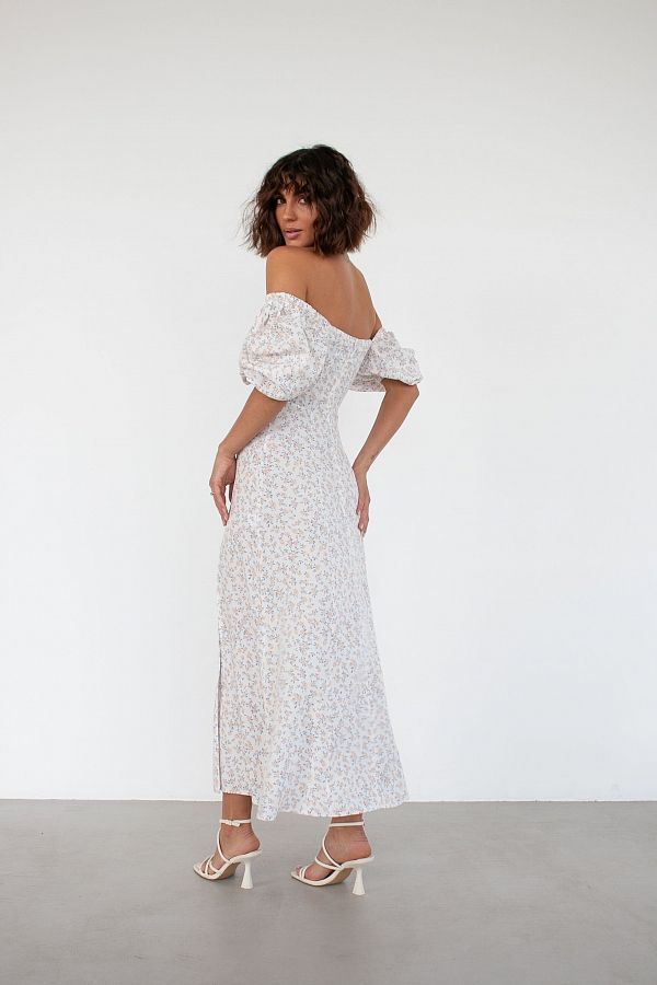 Сукня міді з двома роспірками молочна в персикові квіти ПЛ0031/5 № 5