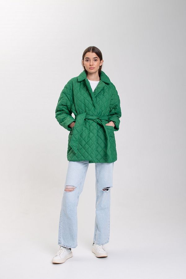 Куртка стьобана на кнопці з поясом зелена МБКТ001/3 #RU# Куртка стеганая на кнопке с поясом зеленая МБКТ001/3 № 2