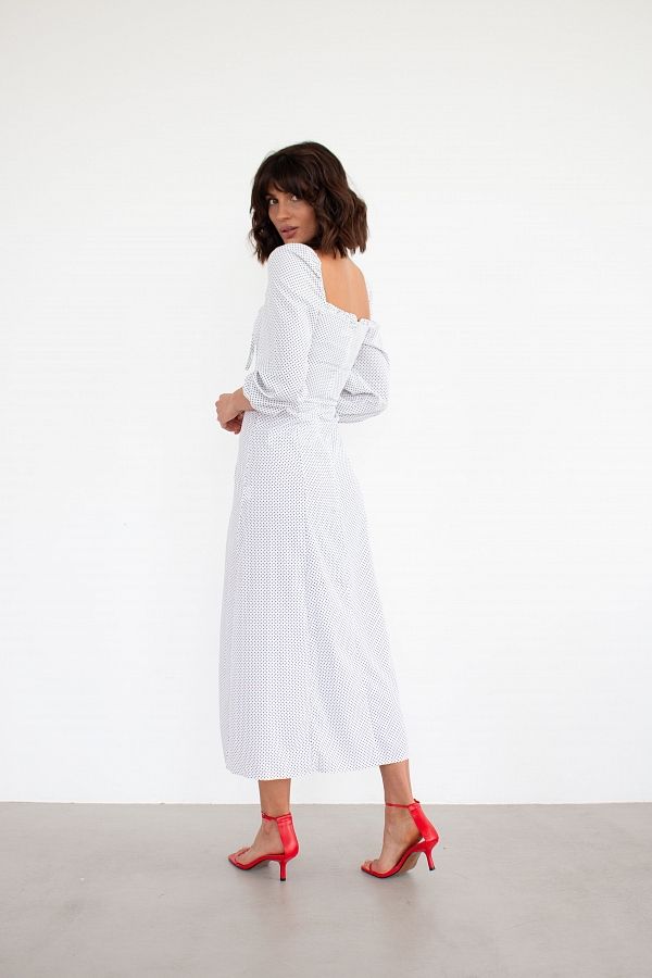 Сукня міді з роспіркою довгий рукав біла в мілкий горох D0521ДР/2 № 3