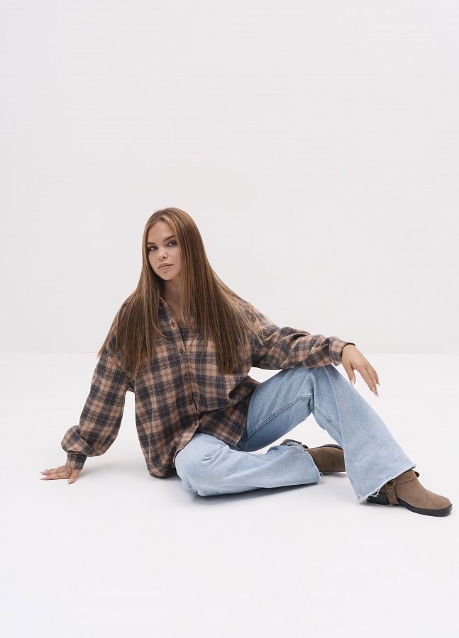 Сорочка oversize в клітинку коричнева P1409/2 #RU# Рубашка oversize в клетку коричневая P1409/2 № 1