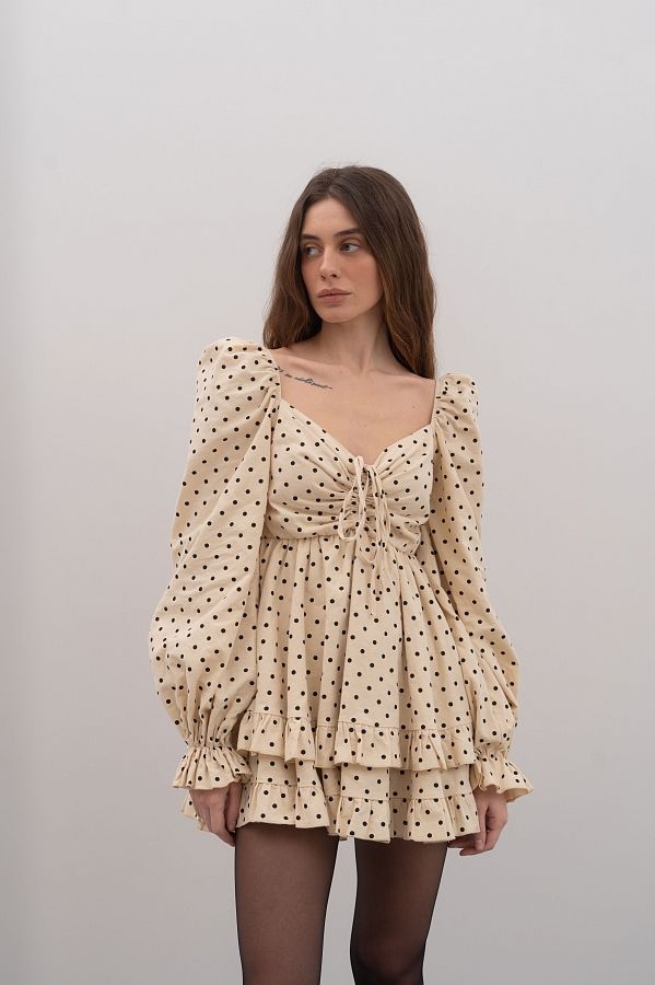 Сукня з подвійною спідницею бежева в великий горох D0923/1 № 3