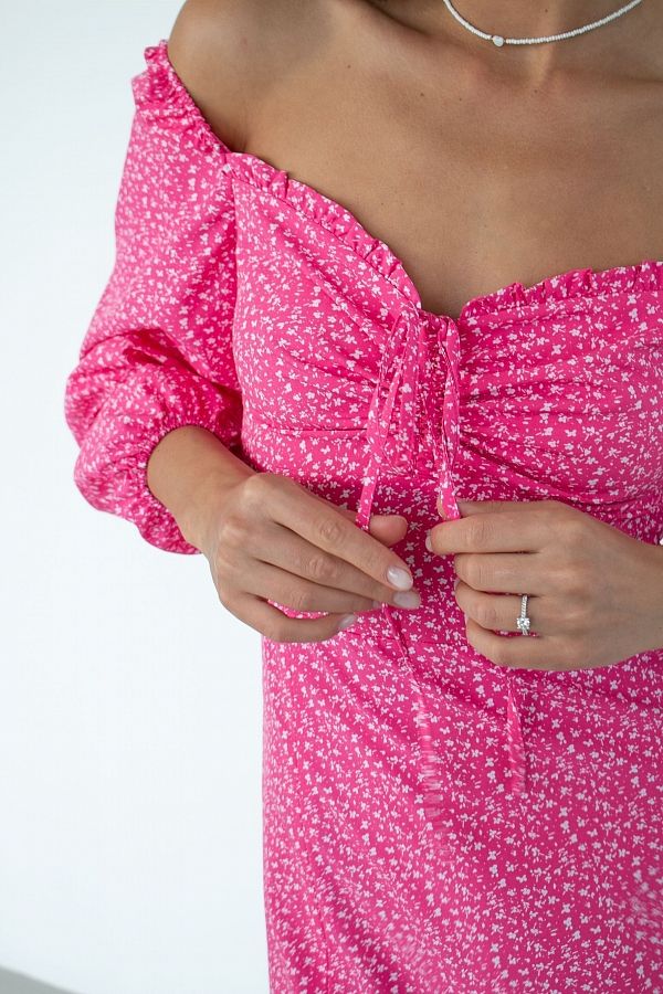 Сукня міні з роспіркою рожева мілкий білий візерунок D0321/12 № 6