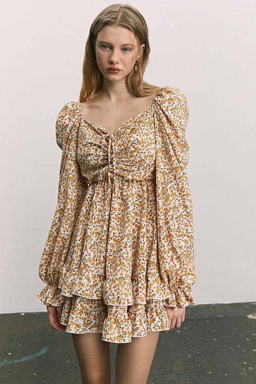 Сукня з софту подвійна спідниця молочна в жовті квіти