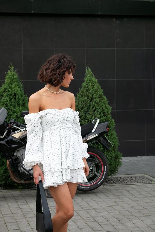 Сукня міні муслінова з рюшами молочний в блакитну квітку - №2