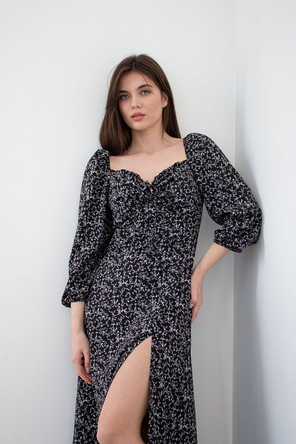 Сукня міді з роспіркою довгий рукав чорна візерунок білі гілочки D0521ДР/7 № 2