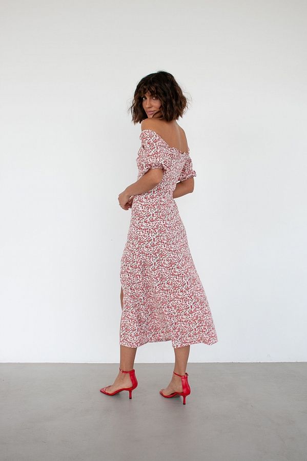 Сукня міді з роспіркою короткий рукав молочна в червоні квіти D0521КР/8 № 3