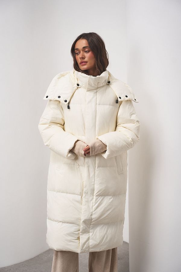 Пуховик довгий з капюшоном молочний PUH/2 #RU# Пуховик длинный с капюшоном молочный PUH/2 № 1