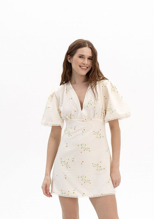 Сукня міні з гудзиками та мереживом в жовті квіти - №2