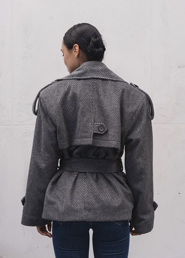 Пальто коротке з широкими плечами під пояс сіре PL25/02 #RU# Пальто короткое с широкими плечами под пояс серое PL25/02 № 3