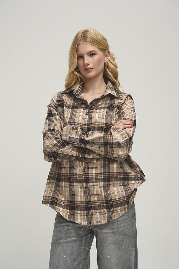 Сорочка oversize в клітинку коричнево-бежево-чорна P1409/5 #RU# Рубашка oversize в клетку темно-коричневая P1409/5 № 4