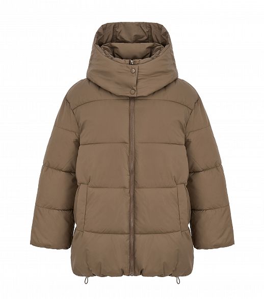 Пуховик подовжений на замку з капюшоном коричневий