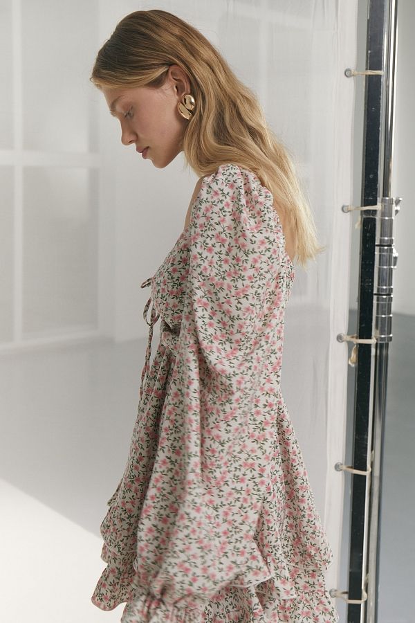 Сукня з софту подвійна спідниця молочна в зелені гілочки 0923 № 3