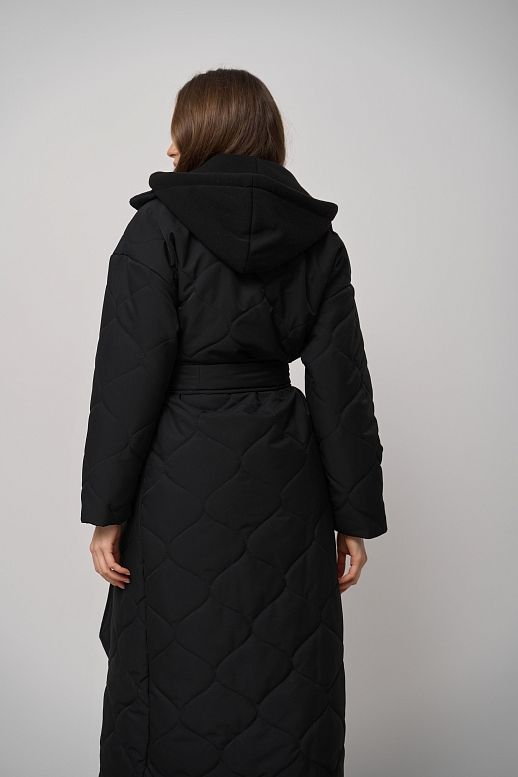Куртка довга з поясом та знімним капюшоном чорна - №2
