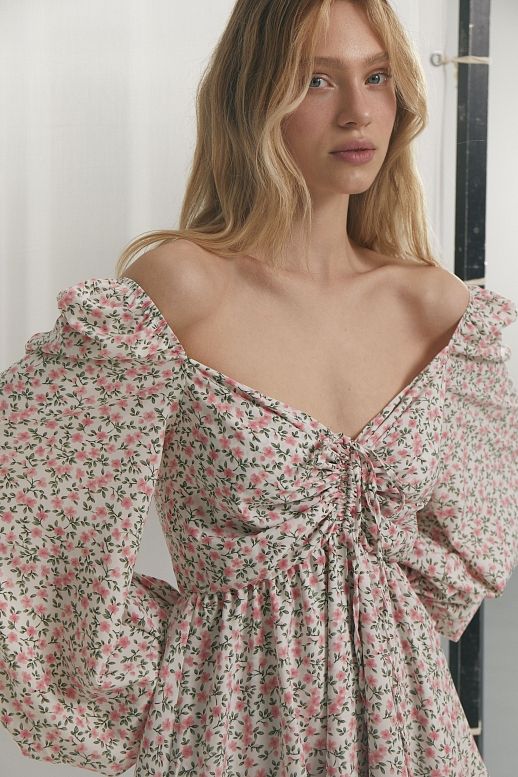 Сукня з софту подвійна спідниця молочна в зелені гілочки - №2