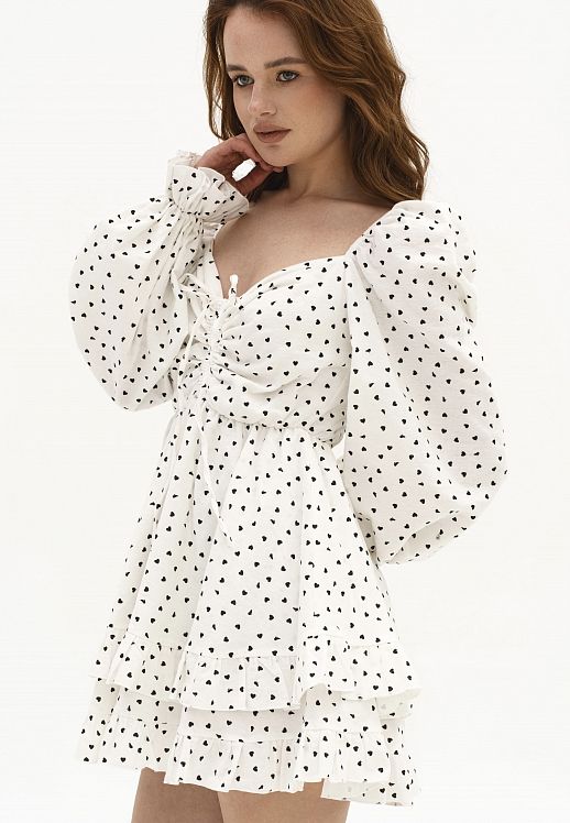 Сукня з подвійною спідницею молочна в чорні сердечка - №2