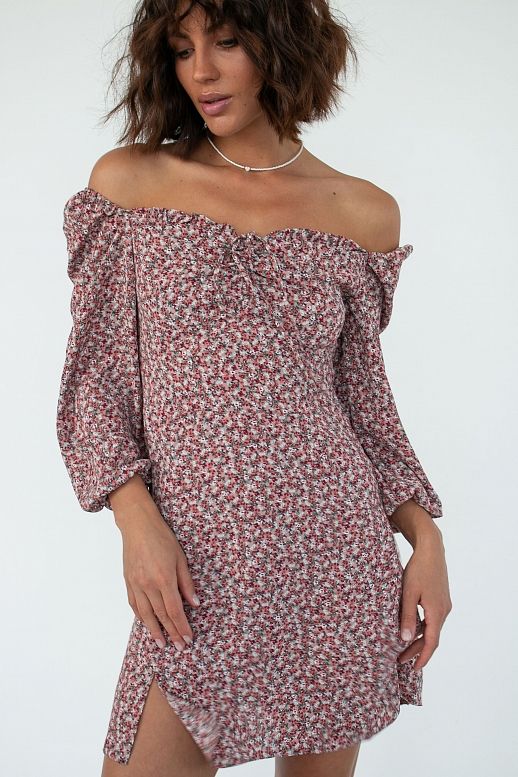 Сукня міні з роспіркою бордова в квіти
