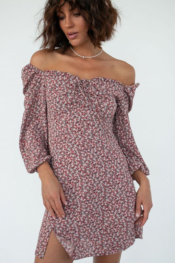 Сукня міні з роспіркою бордова в квіти D0321/17 № 1