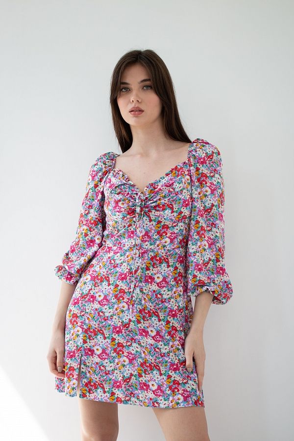 Сукня міні з роспіркою блакитна в різнокольорові квіти D0321/23 № 2